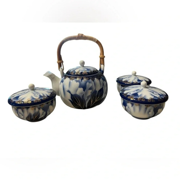 Fukagawa Seiji Peony Gold Mill Cobalt Blue Set Teapot  And 3 Tea Cups & … - Picture 1 of 15